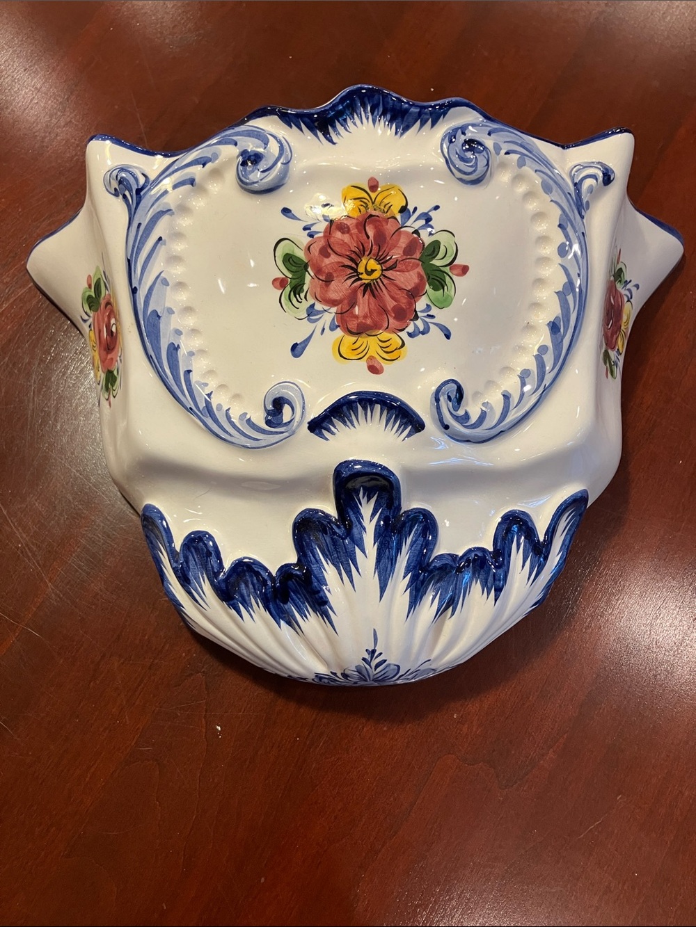 Vintage Alcobaca Portugal Hand-Painted Floral Ceramic Wall Pocket